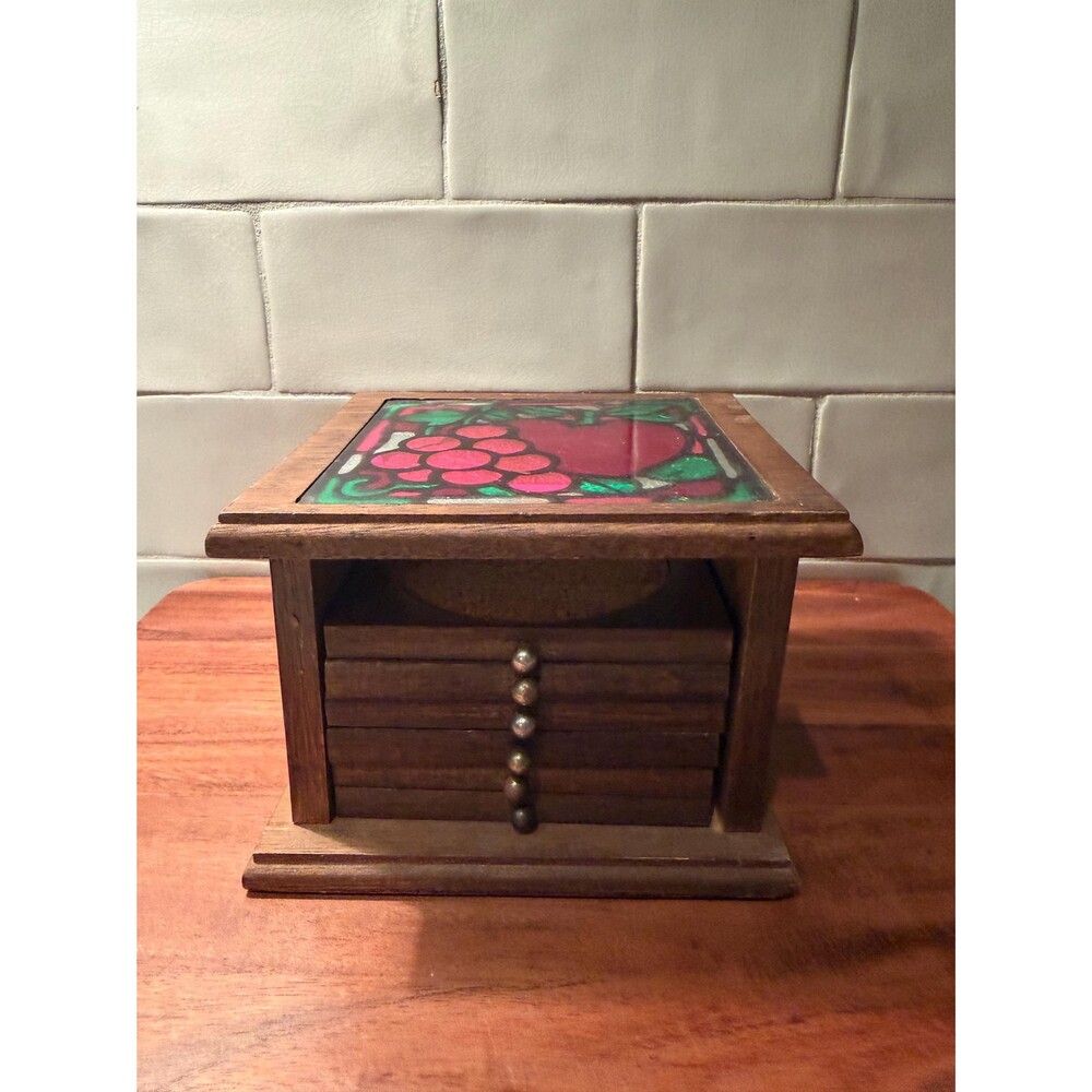 Vintage 1970s Wooden Coaster Set with Faux Stained Glass Box